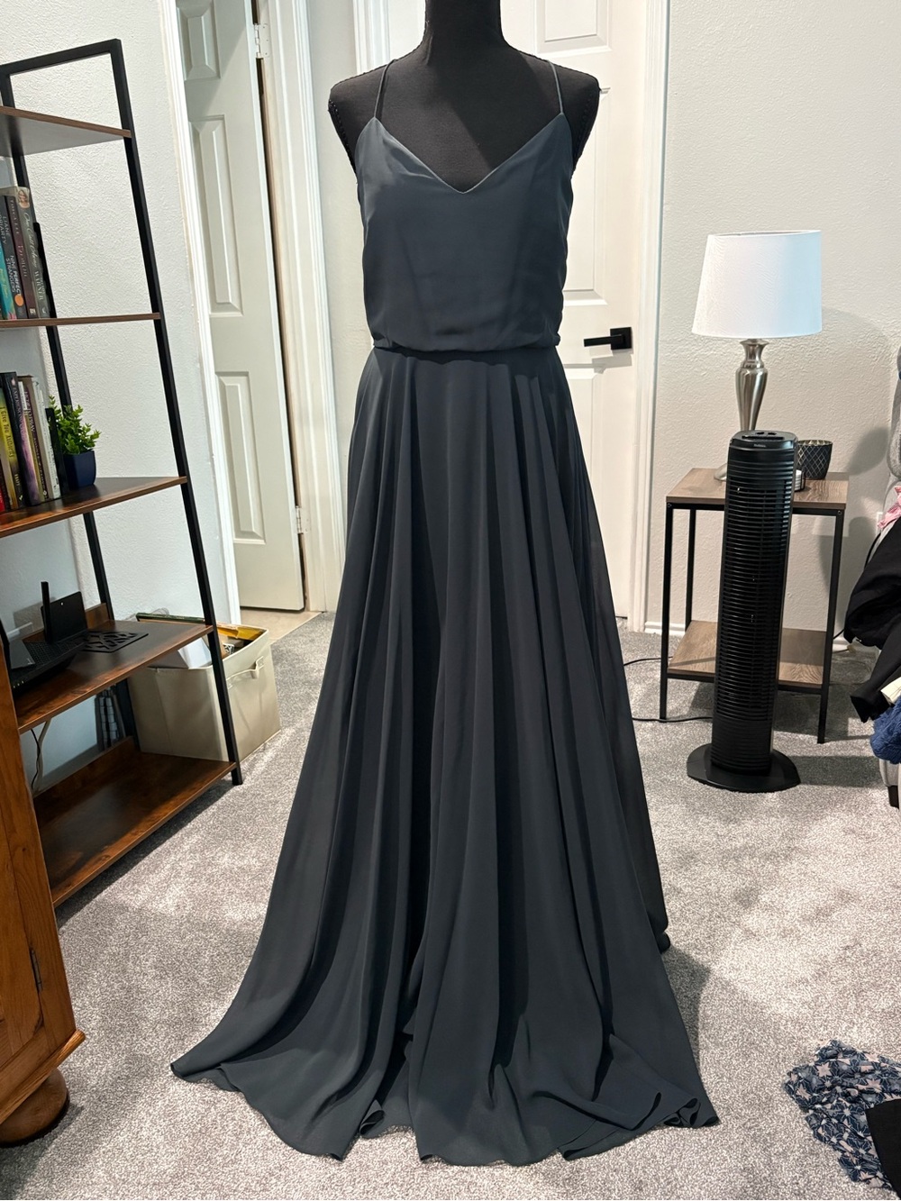 Jenny Yoo Charcoal Gray Spaghetti-Strap Maxi Dress